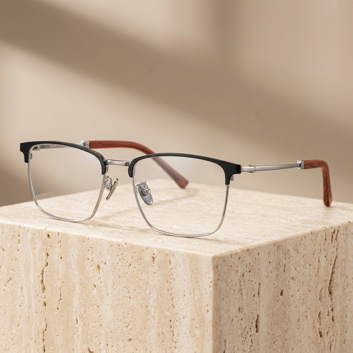 Chashma Ottica Unisex Full Rim Square Titanium Wood Eyeglasses 402336 - Black-Silver