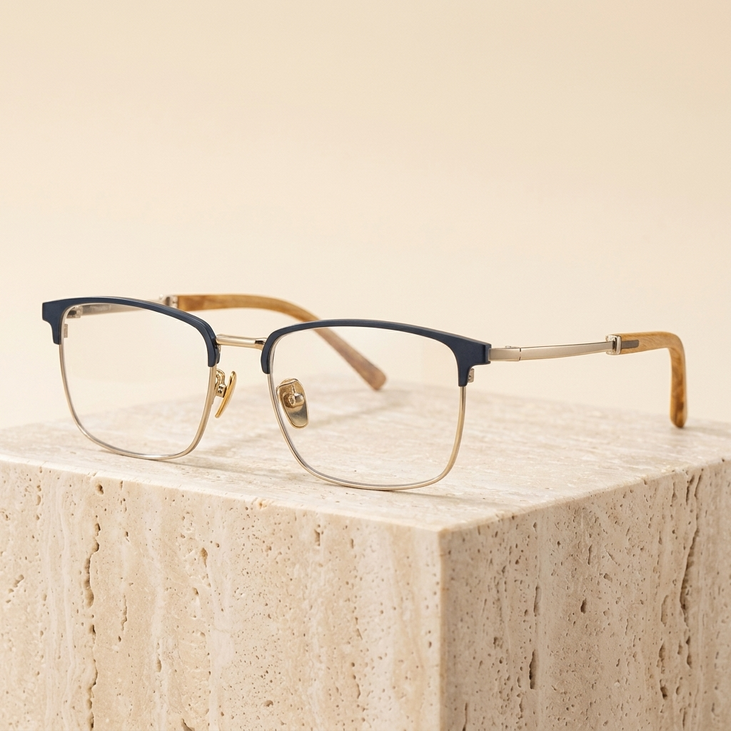 Chashma Ottica Unisex Full Rim Square Titanium Wood Eyeglasses 402336 - Blue-Gold
