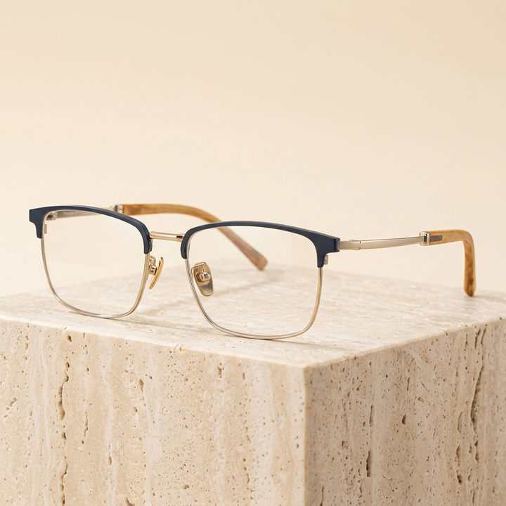 Chashma Ottica Unisex Full Rim Square Titanium Wood Eyeglasses 402336 - Blue-Gold