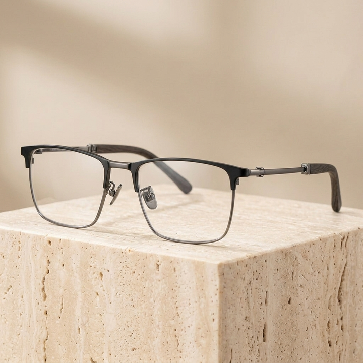 Chashma Ottica Unisex Full Rim Square Titanium Wood Eyeglasses 402336 - Black-Gray