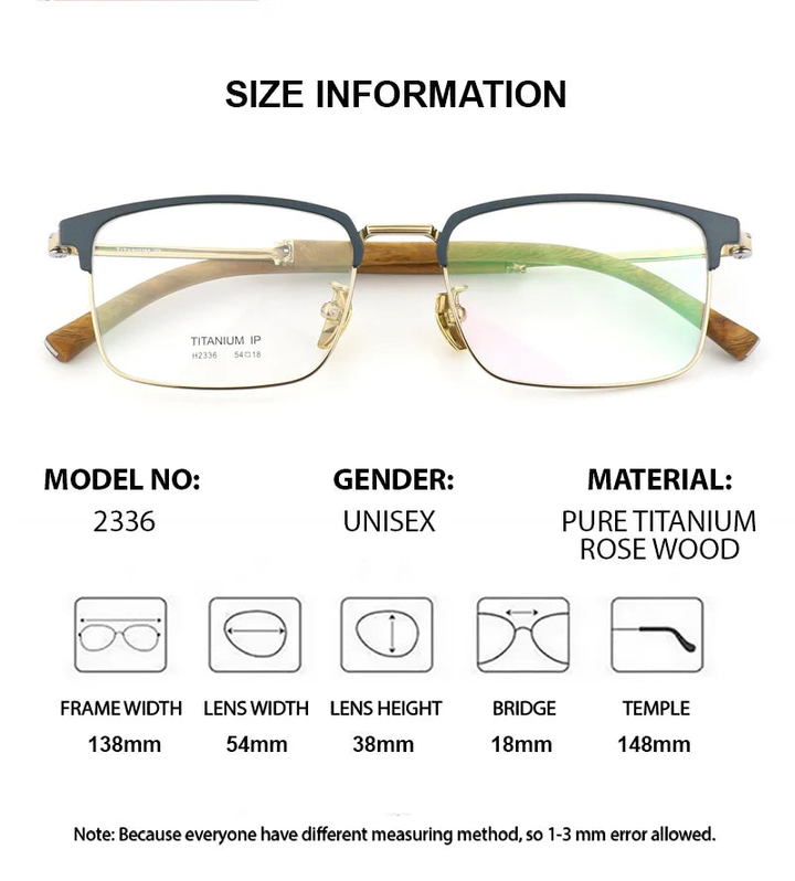 Chashma Ottica Unisex Full Rim Square Titanium Wood Eyeglasses 402336 - Size Chart