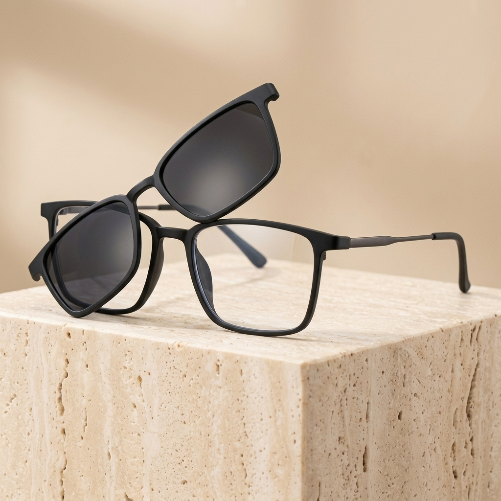 Chashma Ottica Unisex Full Rim Square Ultem Titanium Eyeglasses Clip On Sunglasses 972176 - Matte Black
