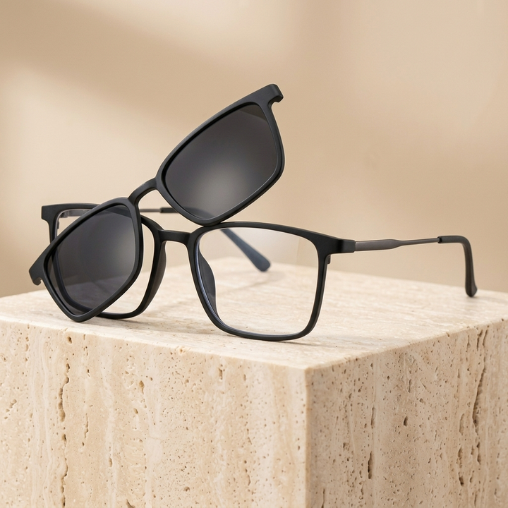 Chashma Ottica Unisex Full Rim Square Ultem Titanium Eyeglasses Clip On Sunglasses 972176 - Matte Black