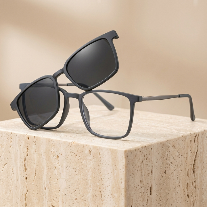 Chashma Ottica Unisex Full Rim Square Ultem Titanium Eyeglasses Clip On Sunglasses 972176 - Matte Gray