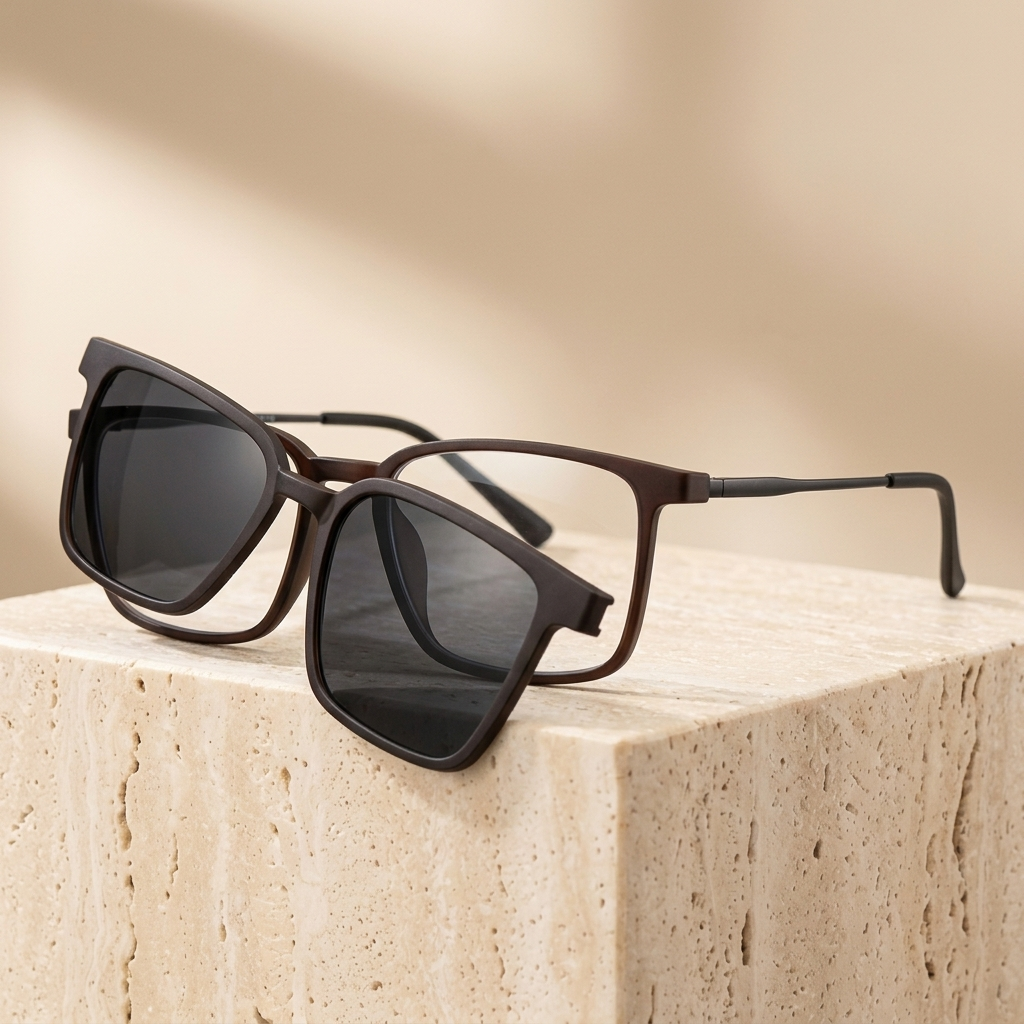 Chashma Ottica Unisex Full Rim Square Ultem Titanium Eyeglasses Clip On Sunglasses 972176 - Matte Coffee