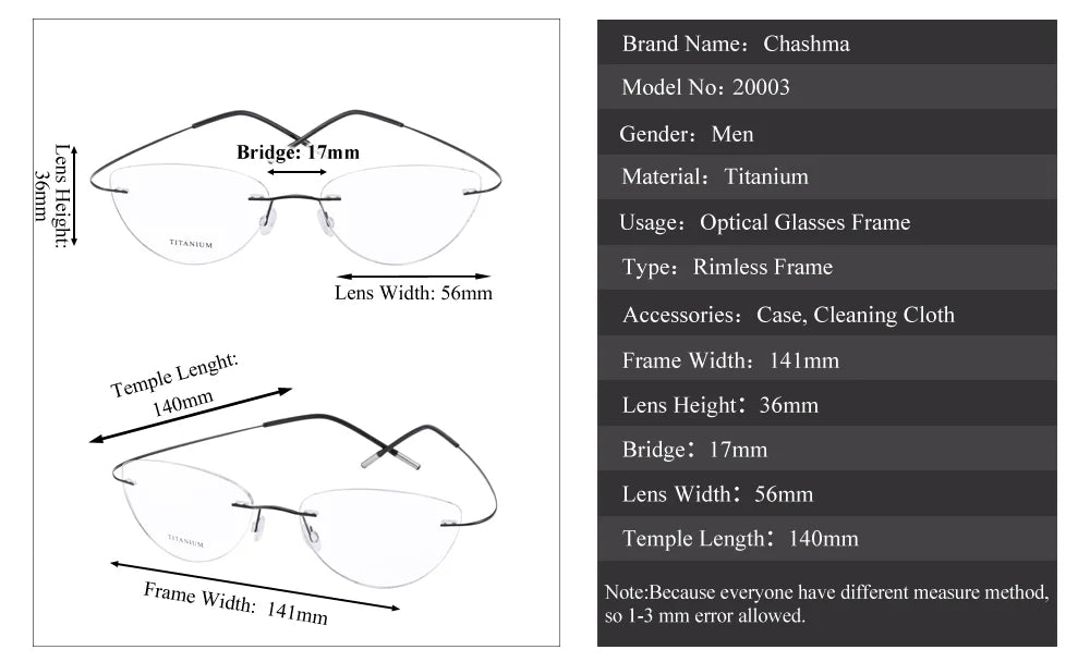Chashma Ottica 720003 Eyeglasses — Frame Dimensions and Sizing Chart