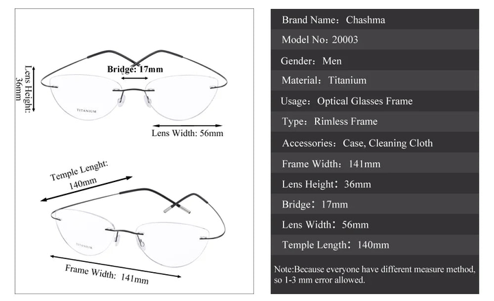 Chashma Ottica 720003 Eyeglasses — Frame Dimensions and Sizing Chart