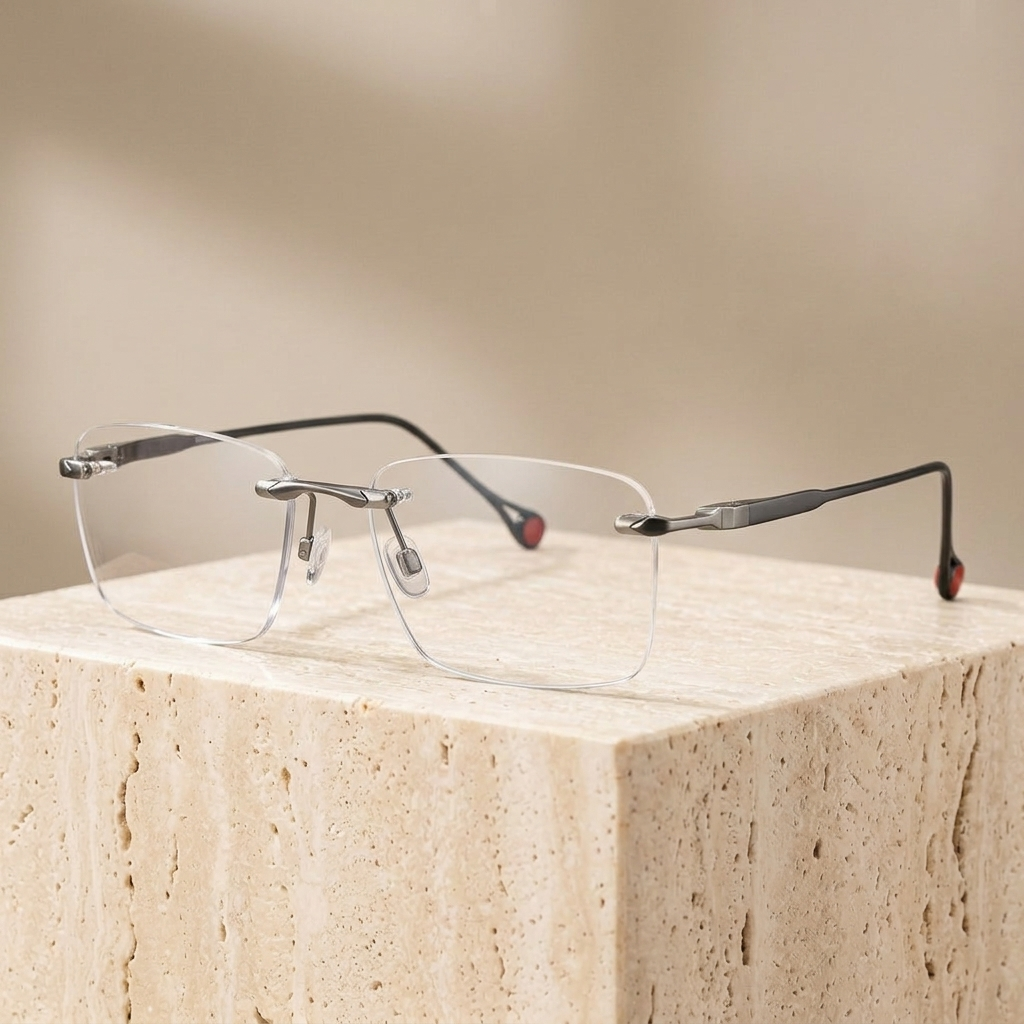 Chashma Ottica Unisex Rimless Square Titanium Eyeglasses 401307 - Light Gun-Black