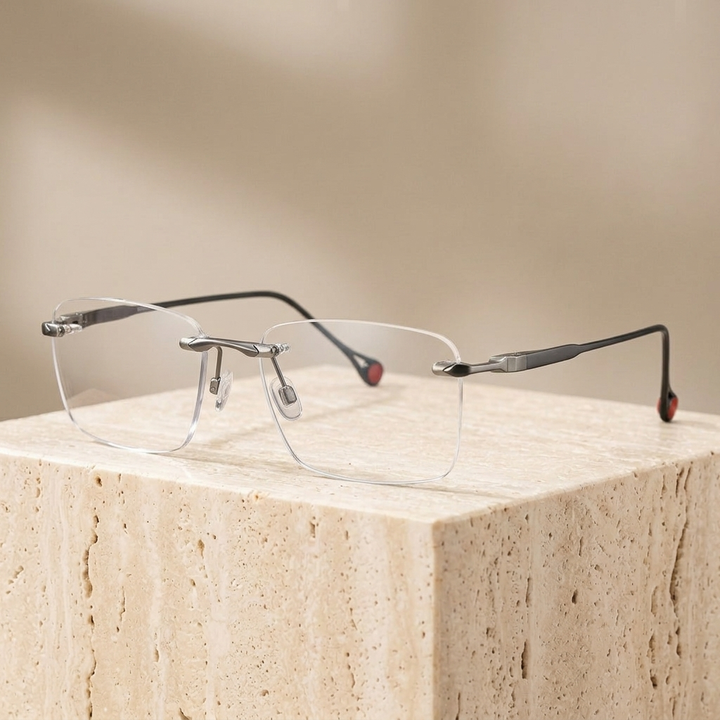 Chashma Ottica Unisex Rimless Square Titanium Eyeglasses 401307 - Light Gun-Black