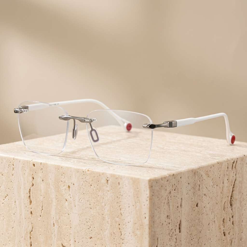 Chashma Ottica Unisex Rimless Square Titanium Eyeglasses 401307 - Light Gun-White