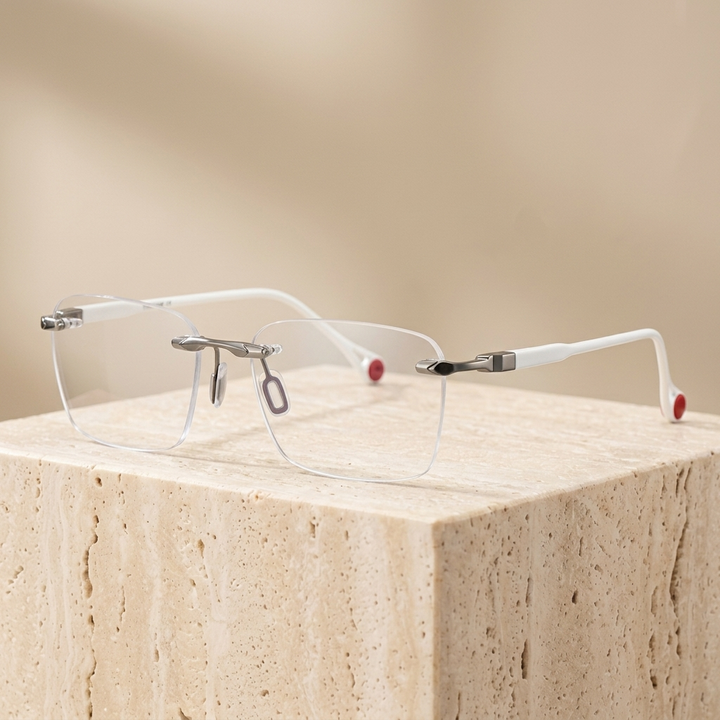 Chashma Ottica Unisex Rimless Square Titanium Eyeglasses 401307 - Light Gun-White