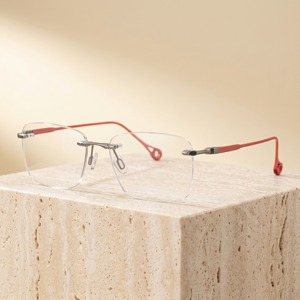 Chashma Ottica Unisex Rimless Square Titanium Eyeglasses 401307 - Light Gun-Red