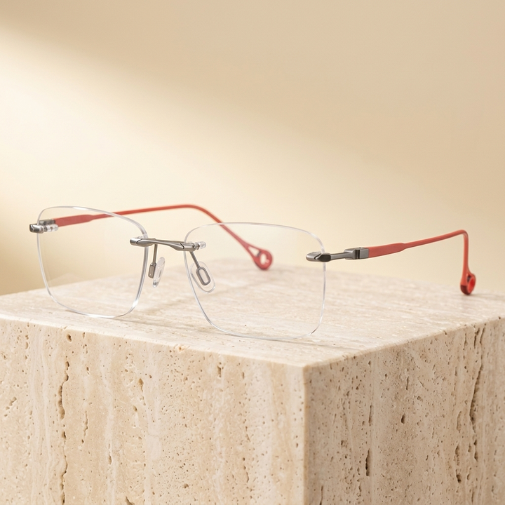 Chashma Ottica Unisex Rimless Square Titanium Eyeglasses 401307 - Light Gun-Red