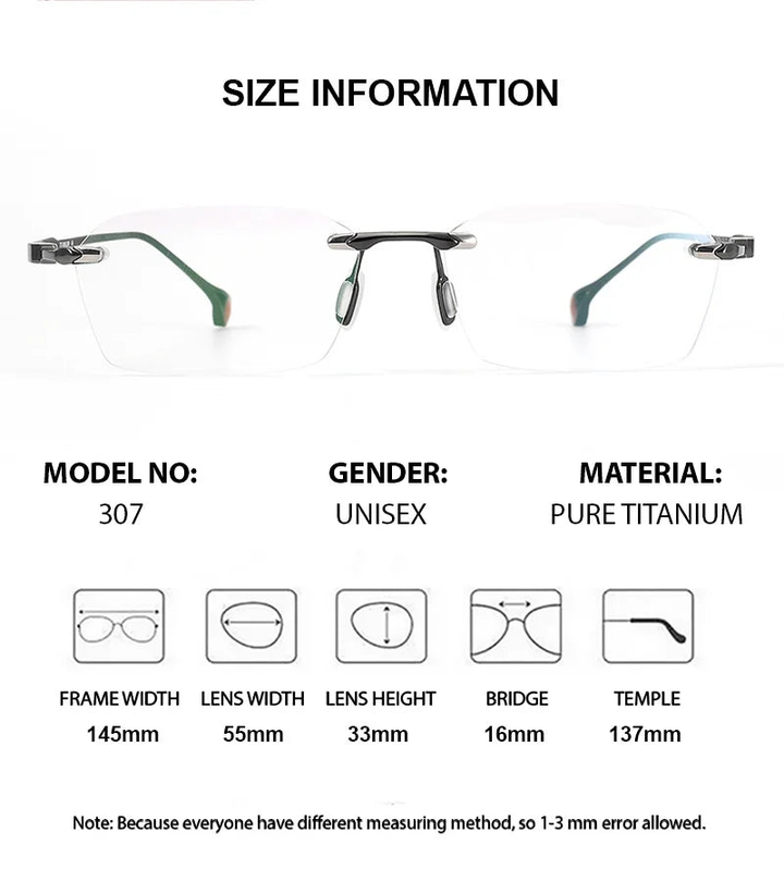 Chashma Ottica Unisex Rimless Square Titanium Eyeglasses 401307 - Size Chart
