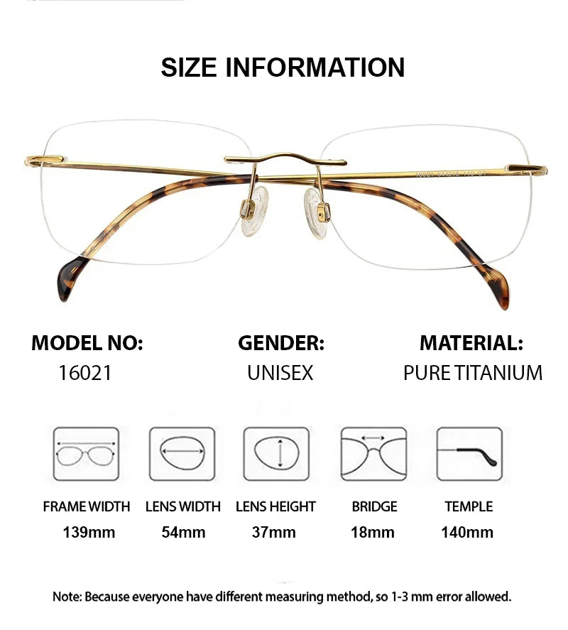 Chashma Ottica Unisex Rimless Square Titanium Eyeglasses 416021 - Size Chart