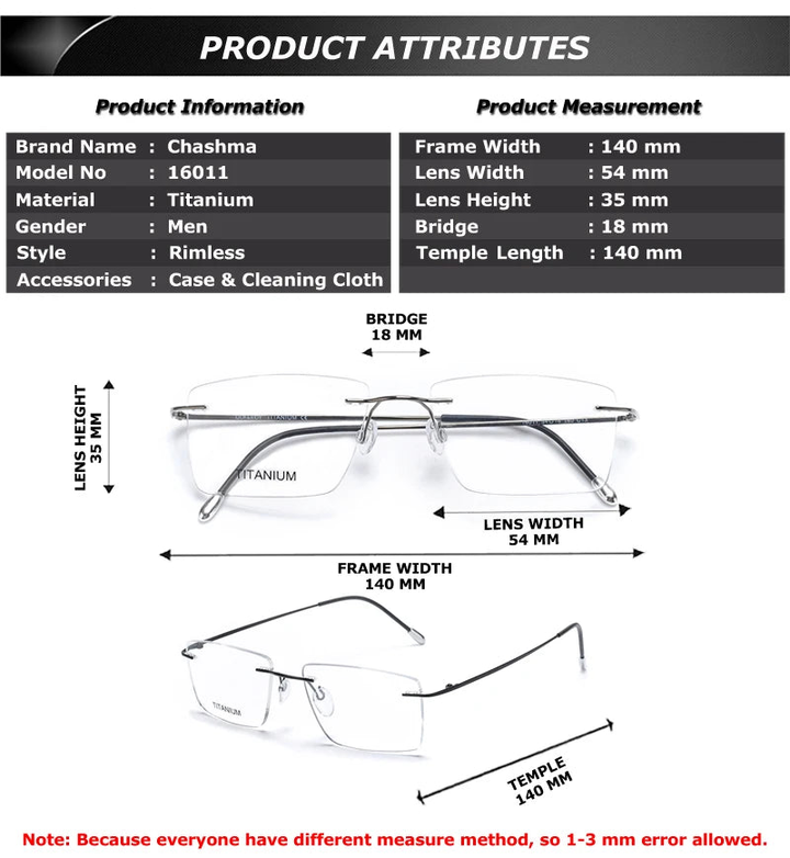 Chashma Ottica 16011 Eyeglasses — Frame Dimensions and Sizing Chart