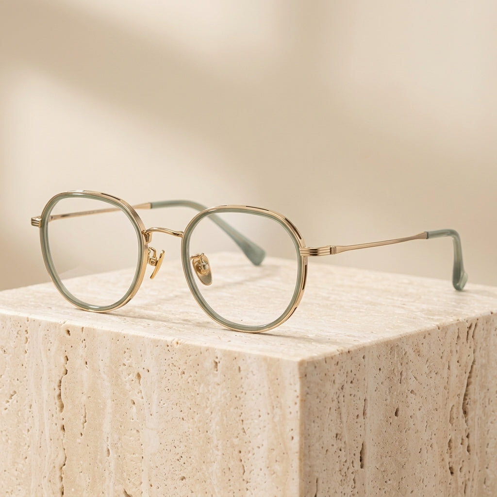 Chashma Ottica Women's Full Rim Flat Top Round Titanium Eyeglasses 64965 - Green-Gold