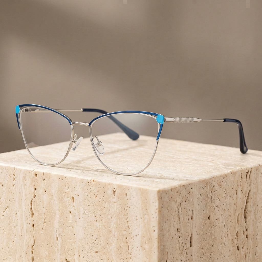 Chashma Ottica Women's Full Rim Oval Cat Eye Steel Eyeglasses 778546 - Blue