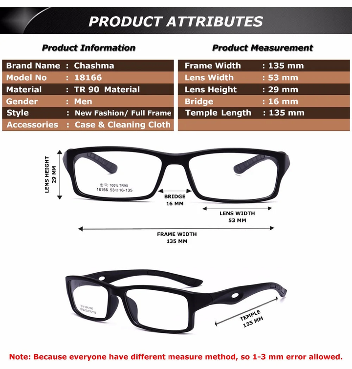 Chashma Ottica 718166 Eyeglasses — Frame Dimensions and Sizing Chart