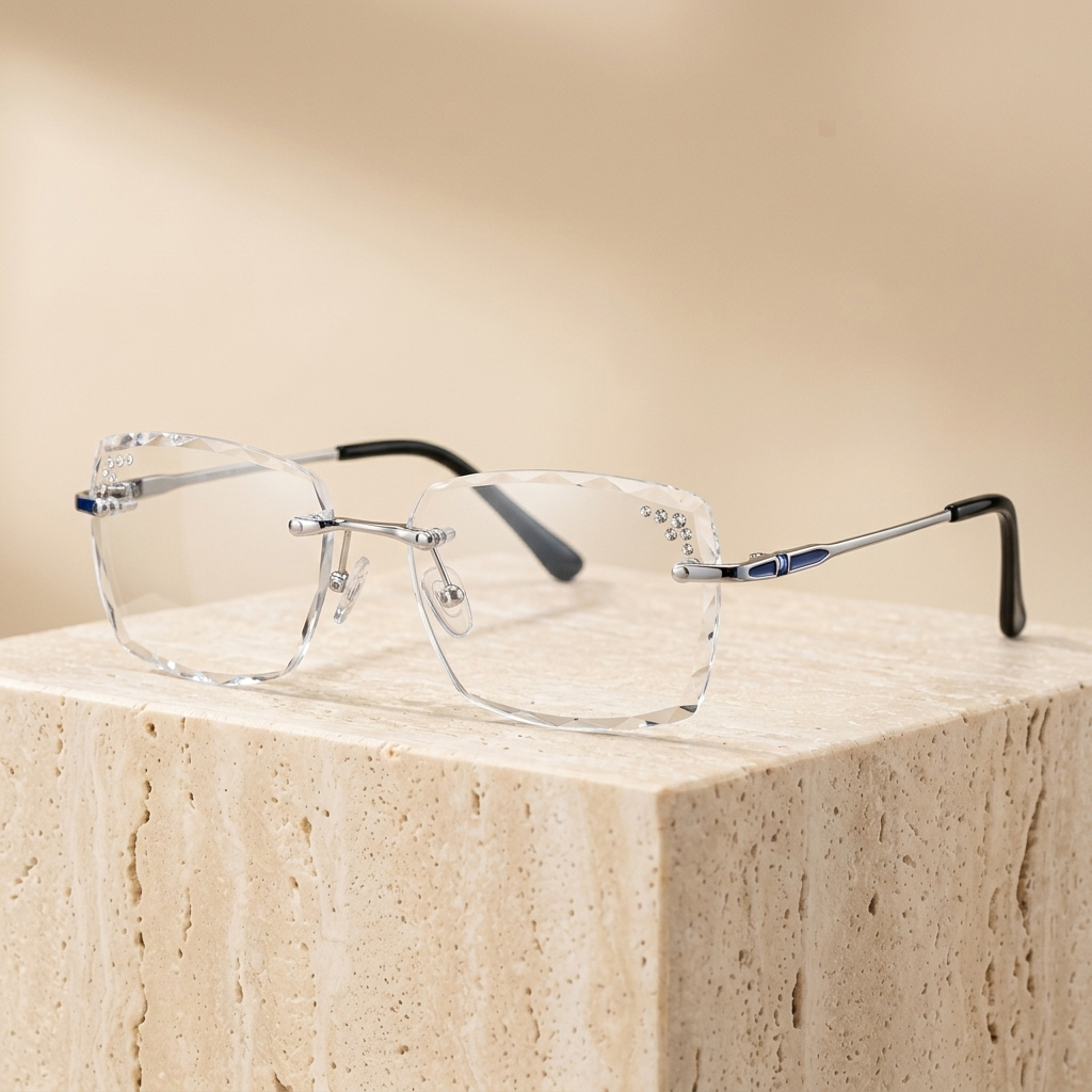 Chashma Ottica Women's Rimless Square Titanium Eyeglasses 710056 - Silver with Blue