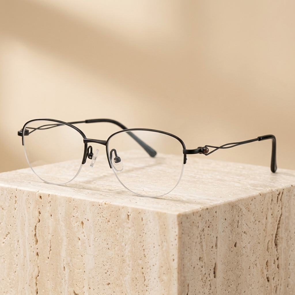 Chashma Ottica Women's Semi Rim Oval Square Titanium Eyeglasses 403008 - Black