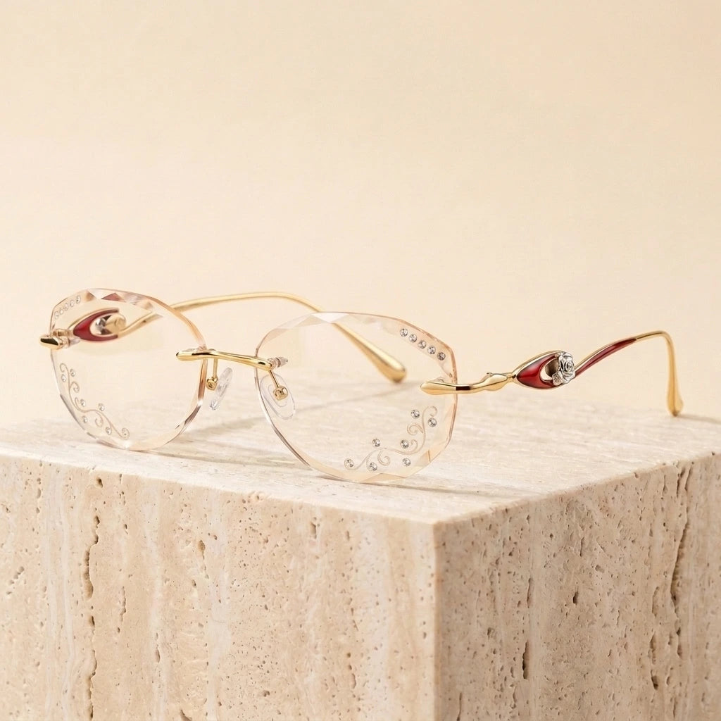 Chashma Women's Rimless Oval Titanium Eyeglasses P208 - Lense Engrave Flower