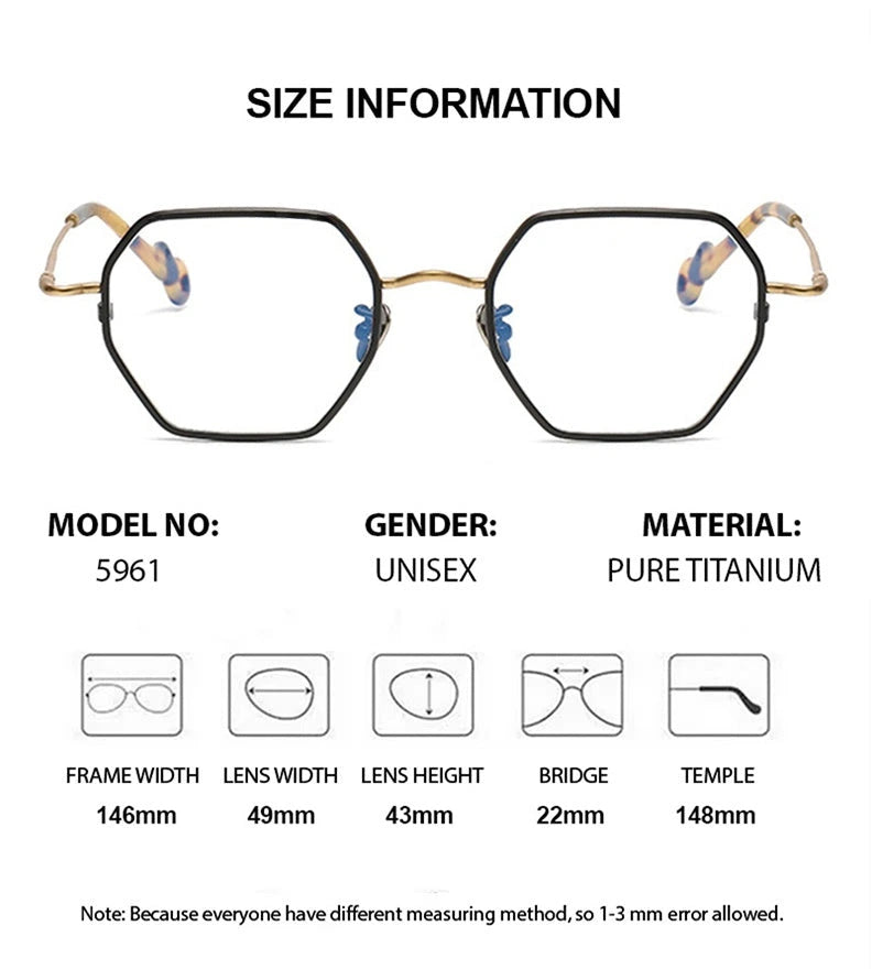 Chashma Unisex Full Rim Hexagon Square Titanium Eyeglasses 35961 - Size Chart