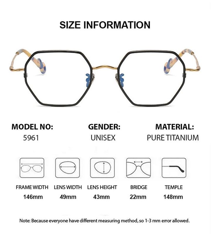Chashma Unisex Full Rim Hexagon Square Titanium Eyeglasses 35961 - Size Chart