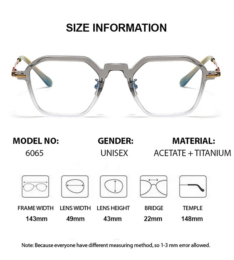 Chashma Unisex Full Rim Polygon Square Acetate Titanium Eyeglasses 36065 - Size Chart