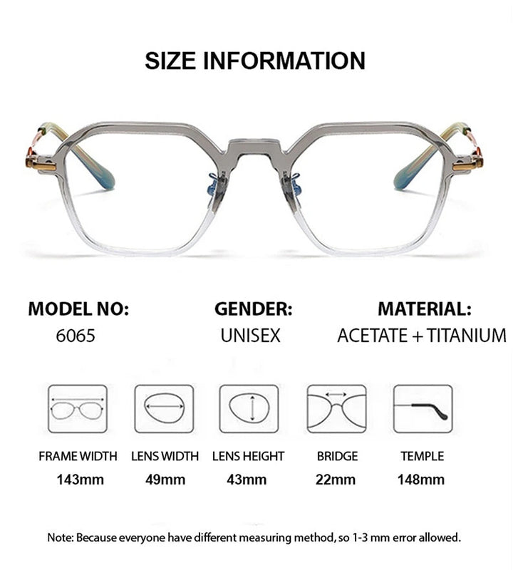 Chashma Unisex Full Rim Polygon Square Acetate Titanium Eyeglasses 36065 - Size Chart