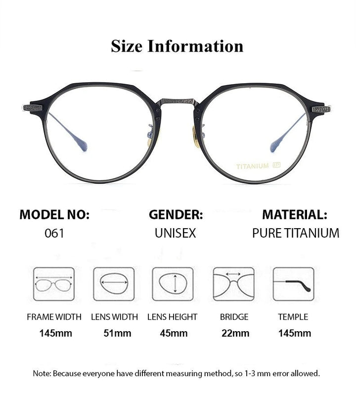 Chashma Unisex Full Rim Polygon Titanium Acetate Eyeglasses 871061 - Size Chart