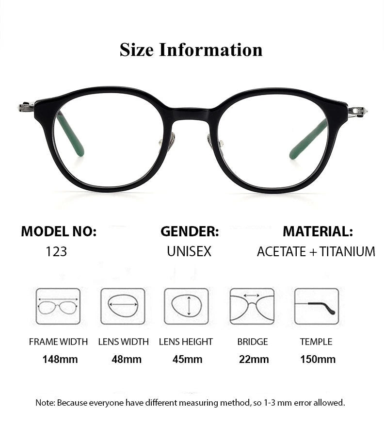 Chashma Unisex Full Rim Round Acetate Titanium Eyeglasses 871123 - Size Chart