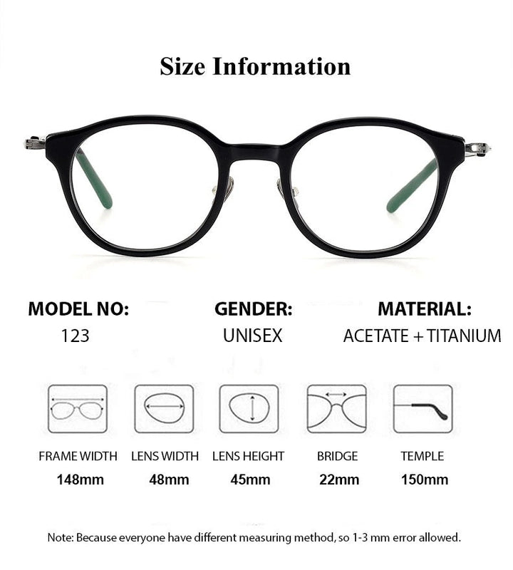 Chashma Unisex Full Rim Round Acetate Titanium Eyeglasses 871123 - Size Chart