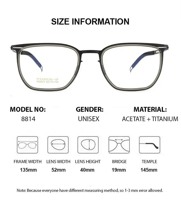 Chashma Unisex Full Rim Square Acetate Titanium Eyeglasses 8814 - Size Chart