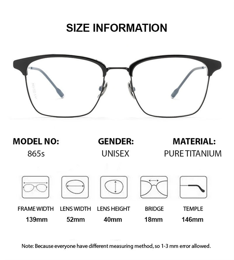 Chashma Unisex Full Rim Square Acetate Titanium Eyeglasses 871865 - Size Chart
