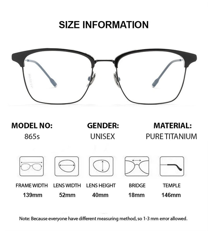 Chashma Unisex Full Rim Square Acetate Titanium Eyeglasses 871865 - Size Chart