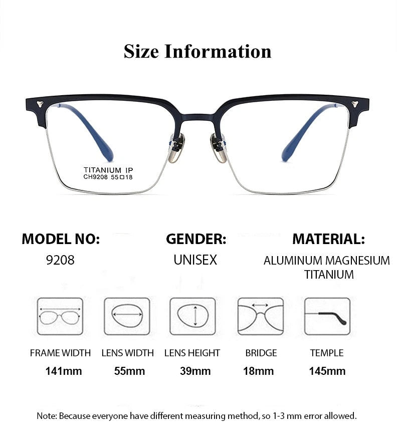 Chashma Unisex Full Rim Square Al Mg Titanium Eyeglasses 92084 - Size Chart