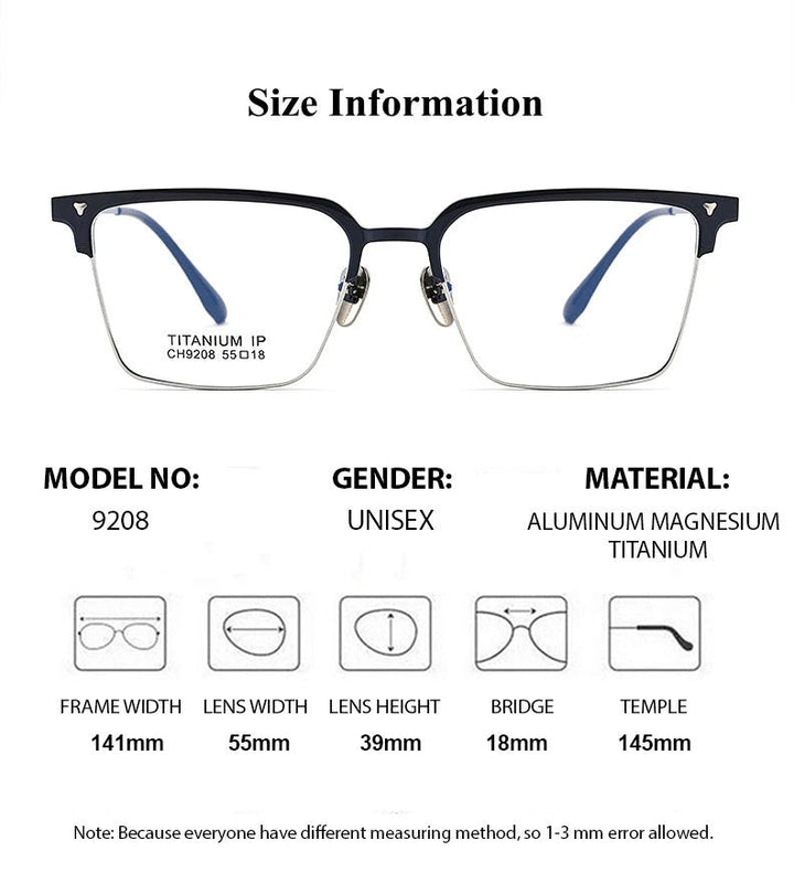 Chashma Unisex Full Rim Square Al Mg Titanium Eyeglasses 92084 - Size Chart