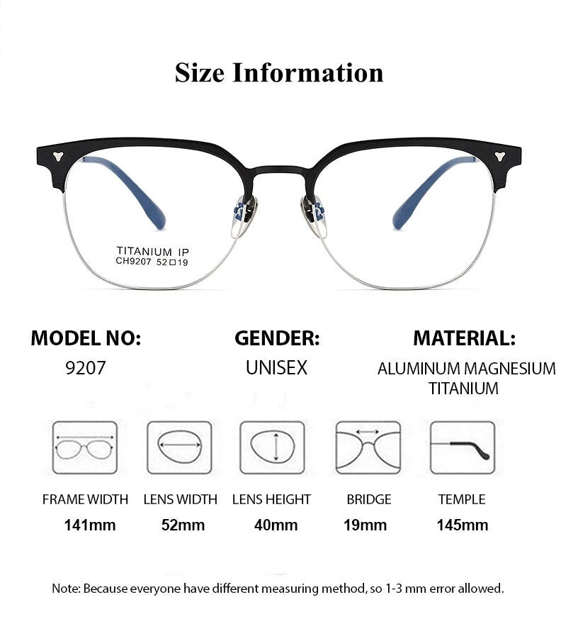Chashma Unisex Full Rim Square Aluminum Magnesium Titanium Eyeglasses 9207 - Size Chart