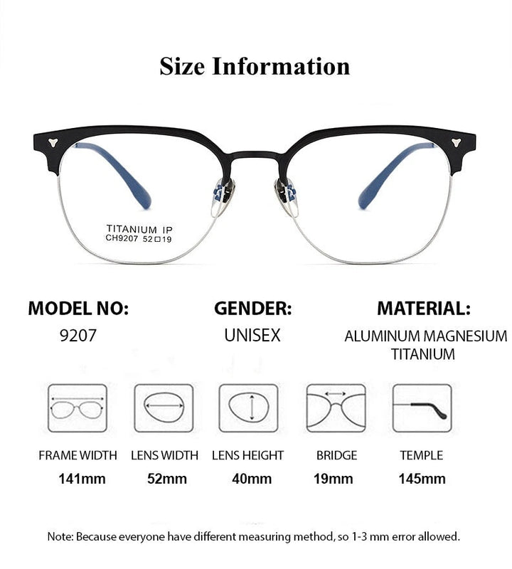 Chashma Unisex Full Rim Square Aluminum Magnesium Titanium Eyeglasses 9207 - Size Chart