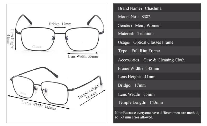 Chashma Unisex Full Rim Square Titanium Eyeglasses 38382 - Size Chart