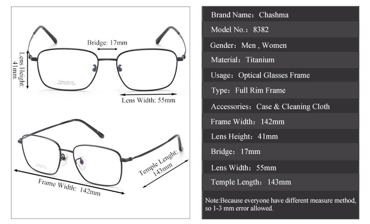 Chashma Unisex Full Rim Square Titanium Eyeglasses 38382 - Size Chart