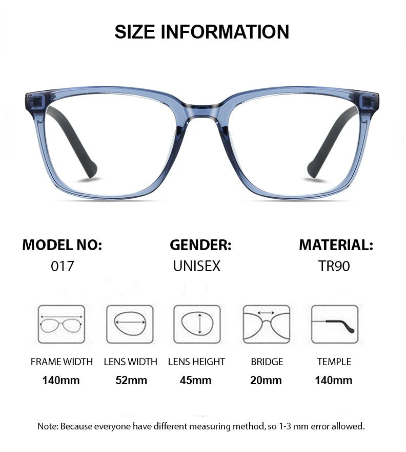 Chashma Unisex Full Rim Square Tr 90 Titanium Eyeglasses 52017 - Size Chart