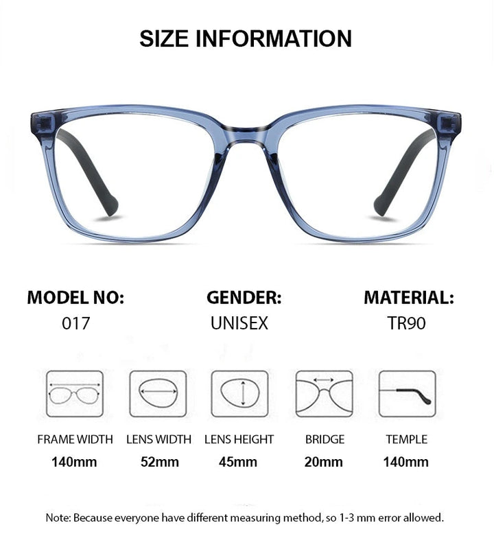 Chashma Unisex Full Rim Square Tr 90 Titanium Eyeglasses 52017 - Size Chart