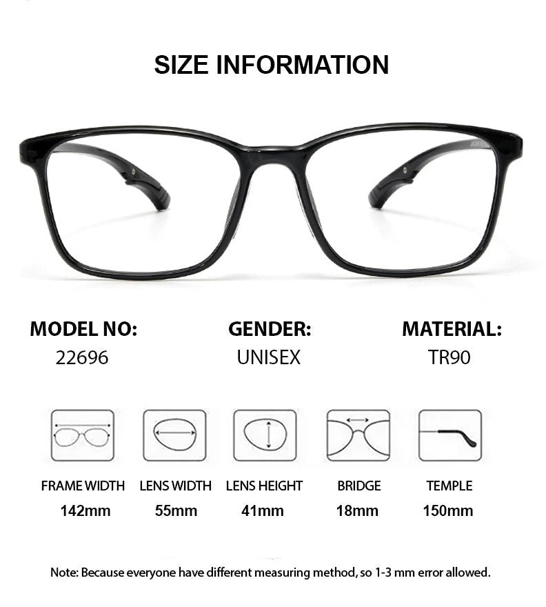 Chashma Unisex Full Rim Square Tr 90 Titanium Eyeglasses 722696 - Size Chart