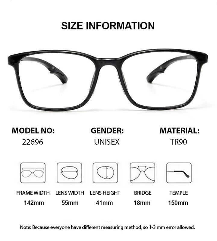 Chashma Unisex Full Rim Square Tr 90 Titanium Eyeglasses 722696 - Size Chart