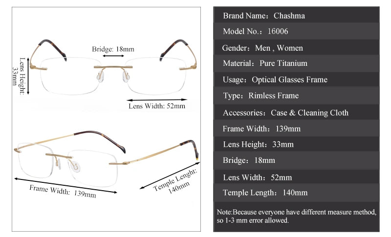 Chashma Unisex Rimless Square Screwless Titanium Eyeglasses 16006 - Size Chart