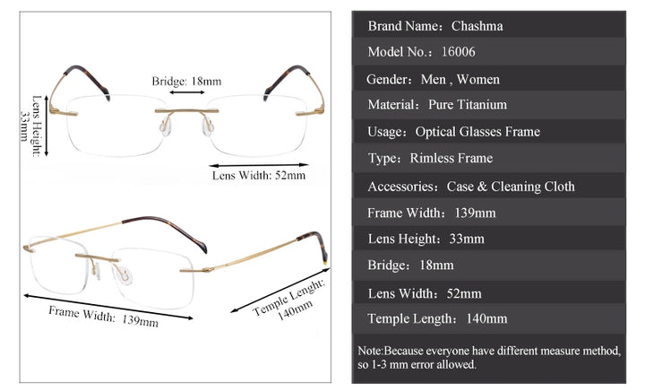 Chashma Unisex Rimless Square Screwless Titanium Eyeglasses 16006 - Size Chart