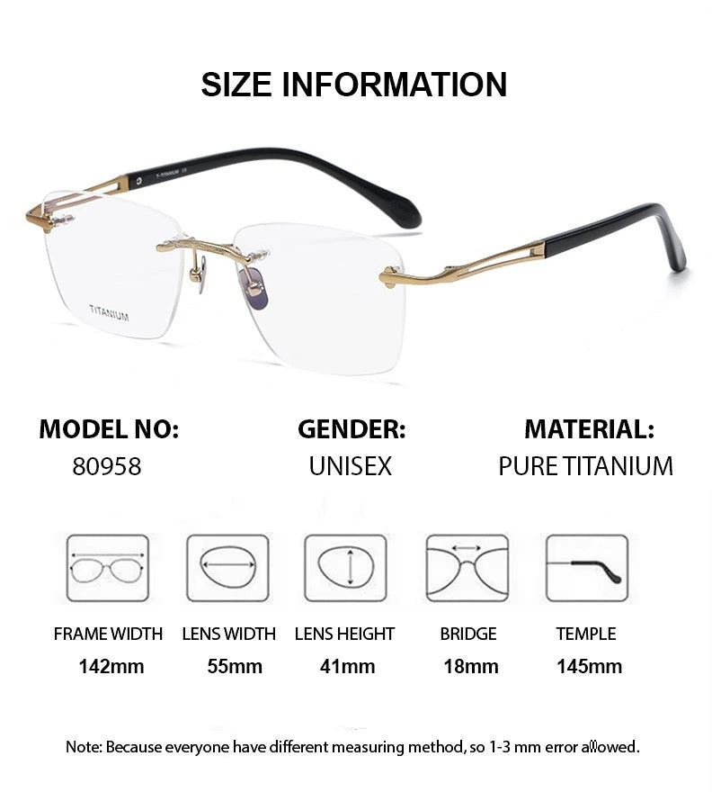 Chashma Unisex Rimless Square Titanium Eyeglasses 880958 - Size Chart