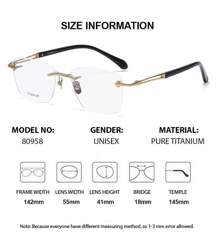 Chashma Unisex Rimless Square Titanium Eyeglasses 880958 - Size Chart